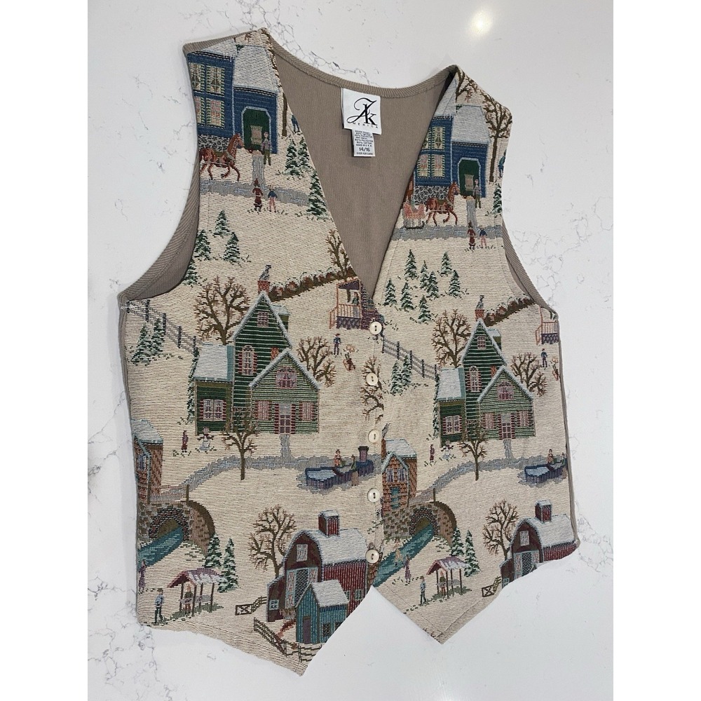 Vintage Tapestry Cottagecore Winter Scene Vest USA Size 14/16 Grandma Cozy Core